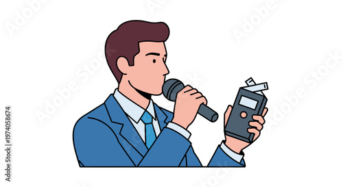 Professional male speaker conducting an interview with a microphone and voice recorder, illustrating effective communication