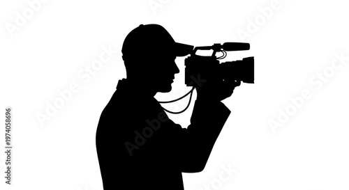Silhouette of a professional videographer capturing footage with a broadcast camera, symbolizing media production and news reporting