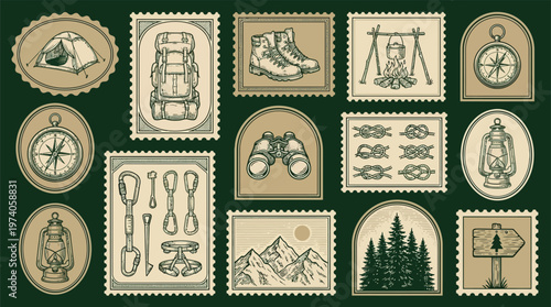 Illustration of Vintage Postage Stamps Collection Featuring Historical Religious Scientific Tools Buildings And Nature Designs