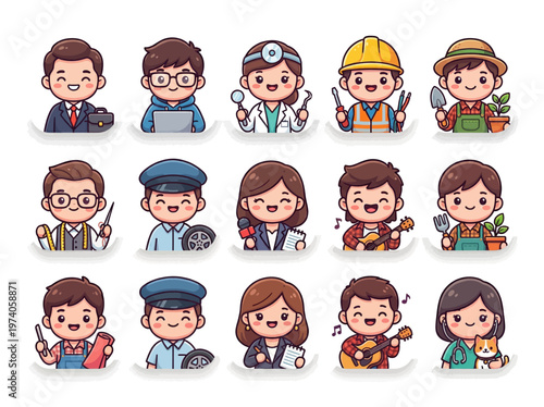Foto Collection of diverse modern chibi characters representing various professions a