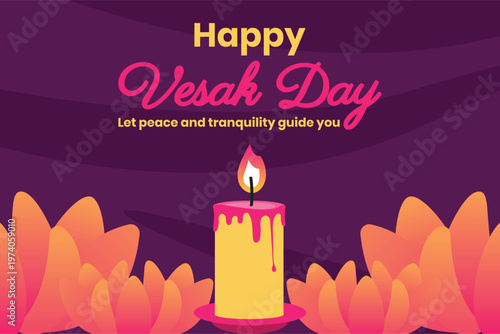 Happy Vesak Day Greeting Card with Candle and Lotus Flowers