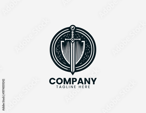 Sword passing through round shield in clean modern black vector logo illustration style on a white background