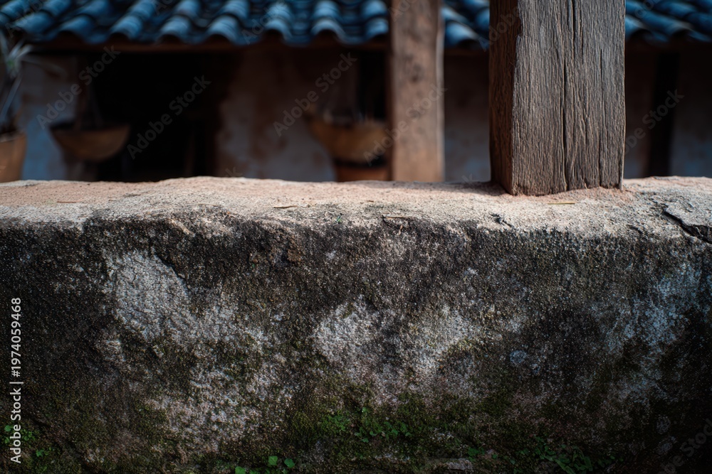 Fototapeta premium 古い石壁は、人里離れた村で時間の経過とともに磨耗していることを示しています