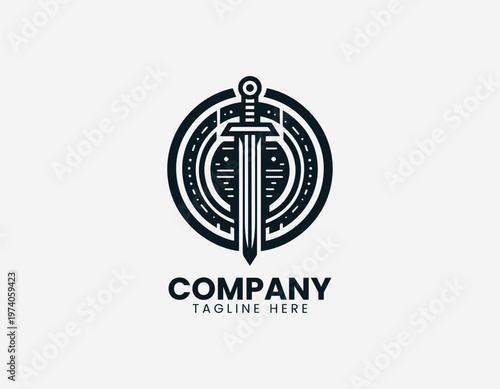 Sword passing through round shield in clean modern black vector logo illustration style on a white background