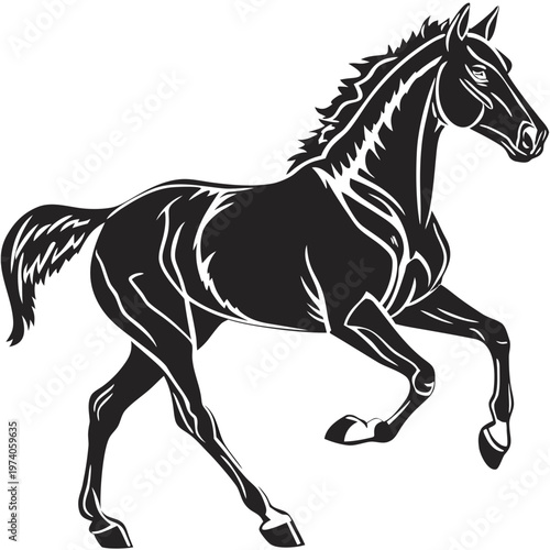 Stallion horse silhouette vector, black galloping mustang graphic, equestrian sports logo element, powerful wild horse running on white background