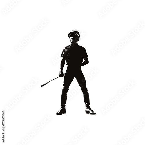 Professional jockey silhouette standing with whip, equestrian horse racing athlete vector, black and white sports figure graphic on white background