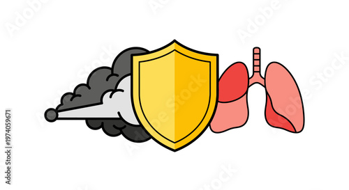 Shield protecting lungs from air pollution, symbolizing environmental health, clean air advocacy, and respiratory system defense