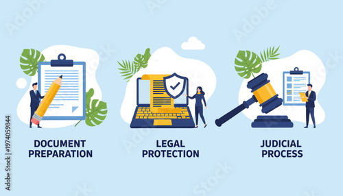 Comprehensive legal services illustration depicting document preparation, secure legal protection, and the judicial process for justice and compliance
