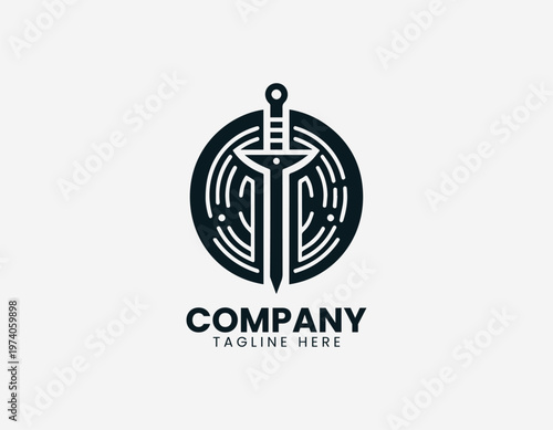 Sword passing through round shield in clean modern black vector logo illustration style on a white background