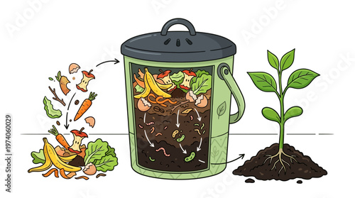 Compost Bin with Organic Food Waste Turning into Nutrient Rich Soil