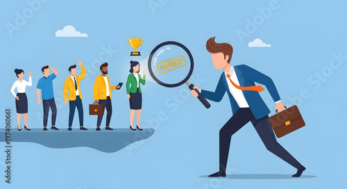 Recruitment and hiring process a recruiter inspects candidates with a magnifying glass while others wait in line, searching for the perfect fit for the job opening