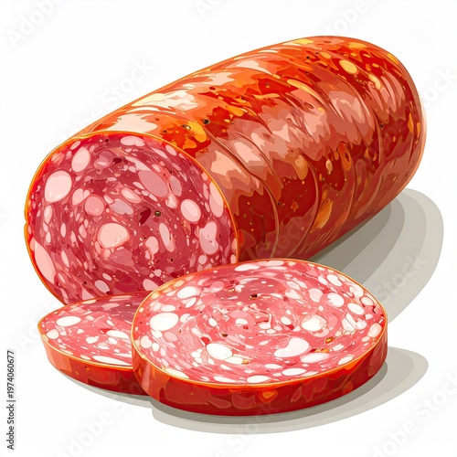 Sliced salami sausage with rich red hues showcasing a detailed illustration style on a white background perfect for culinary designs