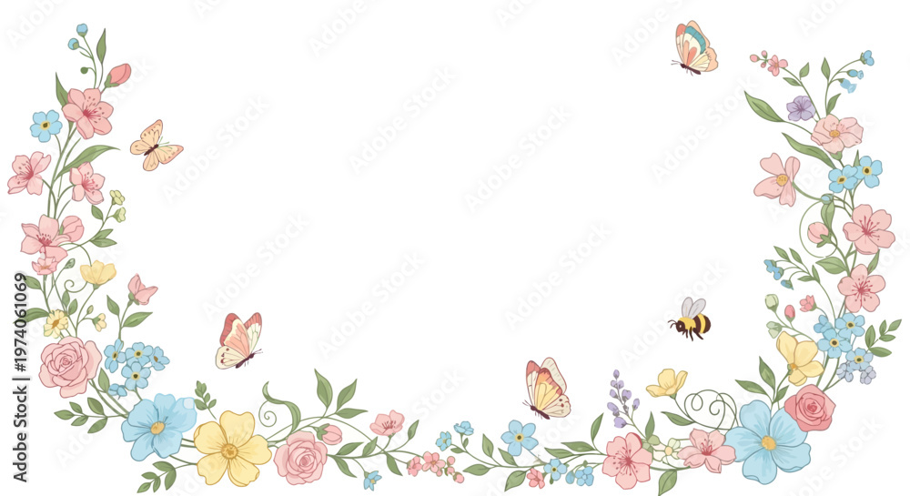 Fototapeta premium Colorful floral border with butterflies and bees on white background for decoration and design