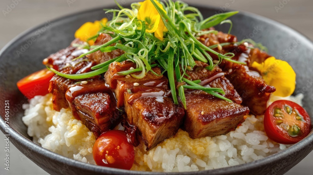 Fototapeta premium Delicious plate of grilled meat on a bed of fluffy rice with fresh vegetables and vibrant garnishes in a stylish bowl