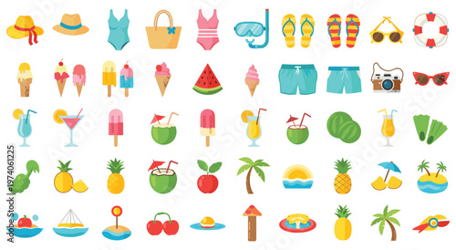 Collection of vibrant summer and beach vacation icons including swimsuits, hats, sunglasses, ice cream, refreshing drinks, coconuts, pineapples, palm trees, and tropical islands.