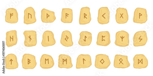 Set of hand drawn viking runes Rune stones with ancient norse alphabet characters engraved on them Scandinavian futhark germanic celtic Single element for design, print, web, decor