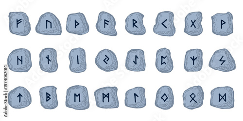Set of hand drawn viking runes Rune stones with ancient norse alphabet characters engraved on them Scandinavian futhark germanic celtic Single element for design, print, web, decor