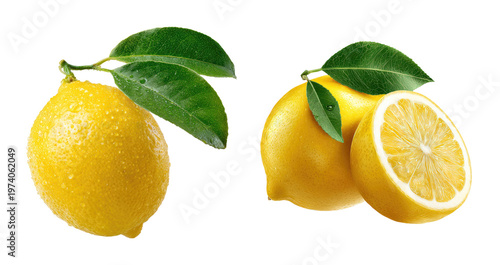 Obraz na płótnie Fresh yellow lemons whole and sliced half with green leaves isolated on transparent background