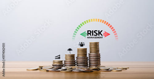 Fotografi Risk management and financial stability concept with stacked coins growth, prote