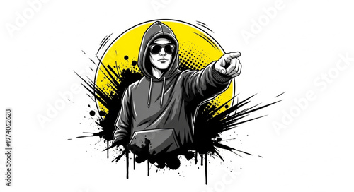 Hooded Figure Pointing Forward with Sunglasses and a Determined Expression.