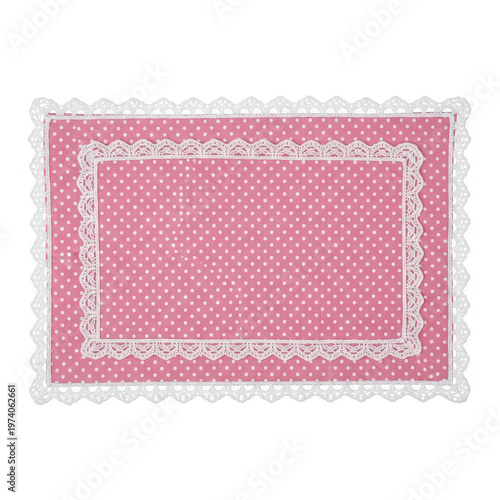 Rectangular pink fabric placemat featuring a delicate white polka dot pattern and lace trim border isolated on transparent background
