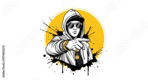 Stylish Rapper with Hood and Sunglasses Pointing Forward.