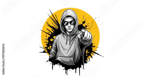 Intense hooded figure with sunglasses points directly at the viewer.