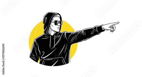 Man in Hoodie and Sunglasses Pointing Forward with Determination.