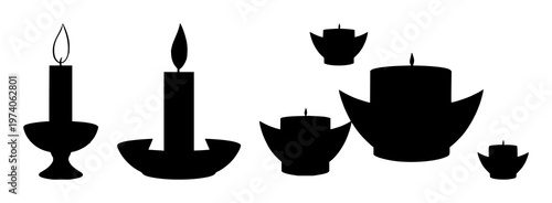 Candles set with single candle silhouette in holder featuring candle, holder, silhouette with black and white and decorative and ornamental