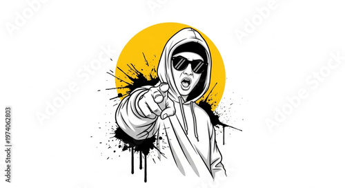 Stylized Illustration of a Man in Hoodie and Sunglasses Pointing Forward.
