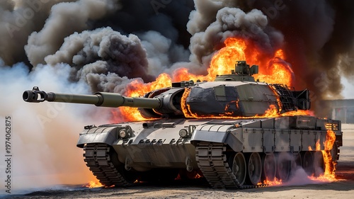 Military tank, on fire, explosion, smoke and flames, war machine, armored vehicle