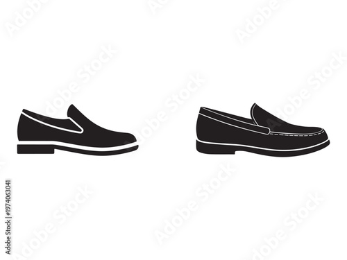 Black and white illustration of two loafer shoes side by side with white accents on white background  footwear design