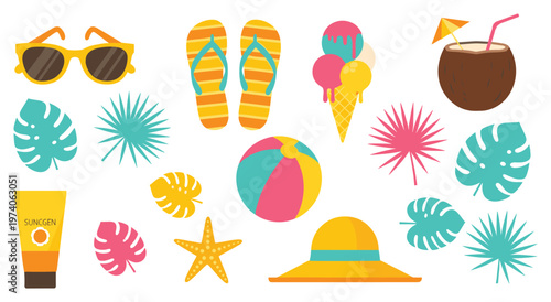 Collection of summer vacation items: sunglasses, flip-flops, ice cream, coconut drink, beach ball, starfish, hat, and tropical leaves.