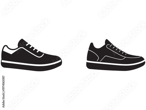 Black and white illustration of two sneakers side by side with white details and laces on a white background