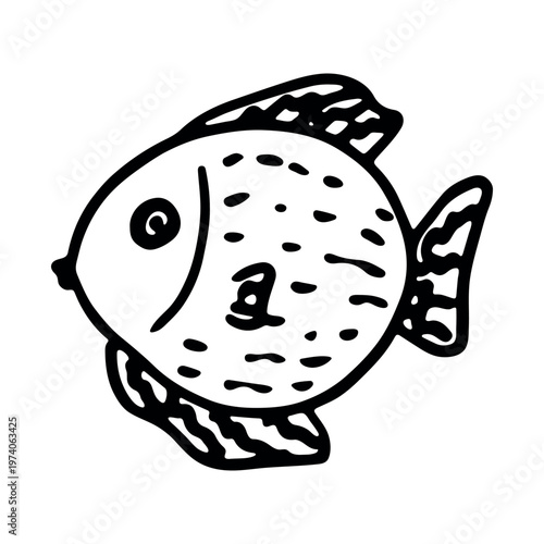 Hand drawn happy funny cute fish Adorable friendly kawaii tropical fish Underwater world sea life ocean Fishing seafood For design, kids print, kids books, nursery decor, coloring pages, logo