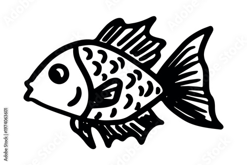 Hand drawn happy funny cute fish Adorable friendly kawaii tropical fish Underwater world sea life ocean Fishing seafood For design, kids print, kids books, nursery decor, coloring pages, logo