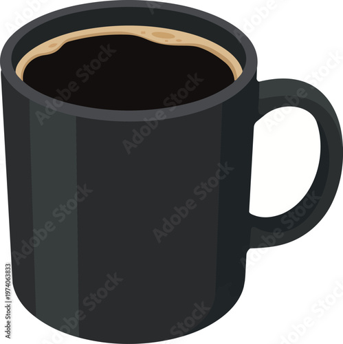 Isolated on white background. Vector illustration of a matte black coffee mug filled with hot black coffee isolated on white