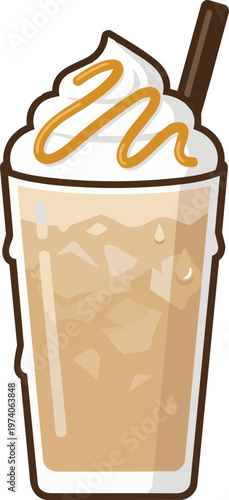 Isolated on white background.  Vector illustration of an iced caramel latte in a tall glass with whipped cream and golden drizzle isolated on white