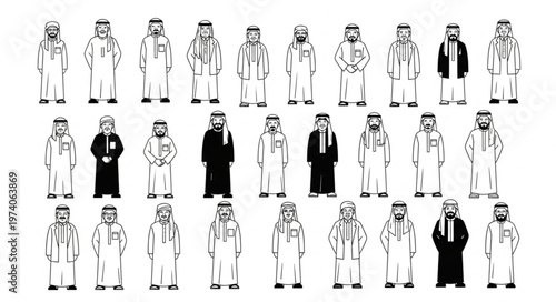 Collection of men in traditional Arab clothing, black and white illustration.