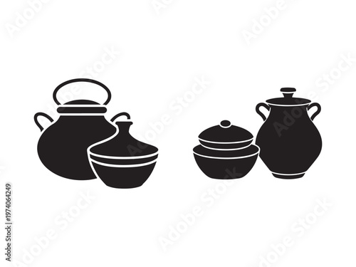 Black silhouettes of ceramic pots and bowls on white background