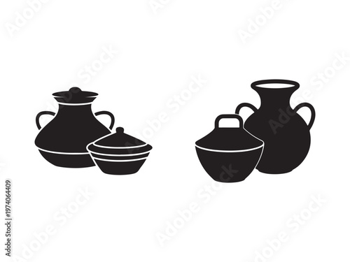 Black silhouettes of ceramic pots and jugs on white background  kitchenware and tableware items  cooking and dining essentials