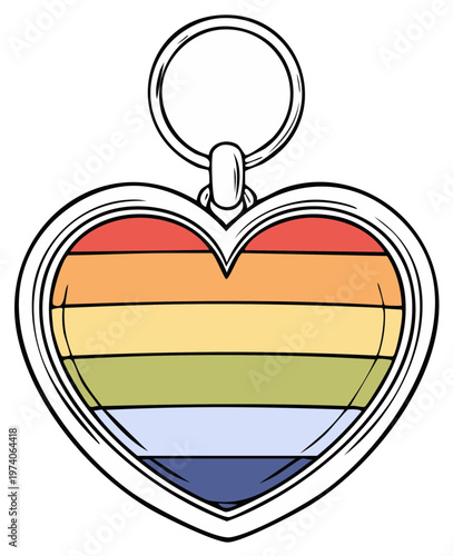 Heart shaped keychain with rainbow stripes, LGBTQ rights pride sign, and community symbol