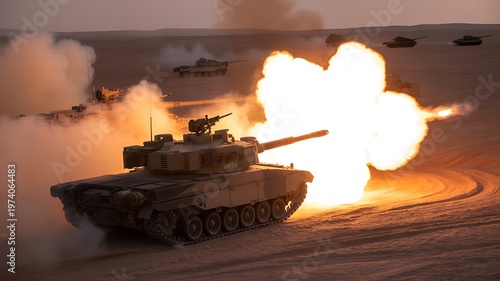 Military tank, armored vehicle, firing cannon, desert landscape, explosion, smoke