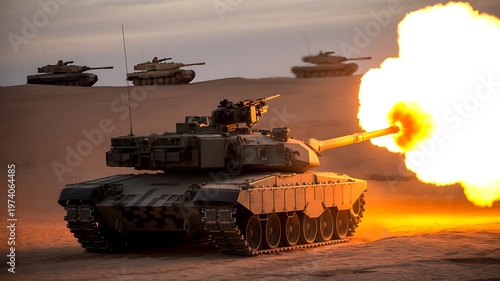 Military tank firing, armored vehicles in desert, combat scene, warfare action
