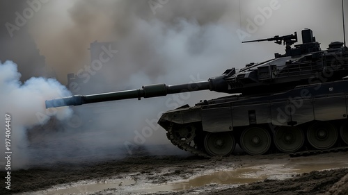 Military tank, armored vehicle, firing cannon, smoke and fire, warfare, combat, army, defense