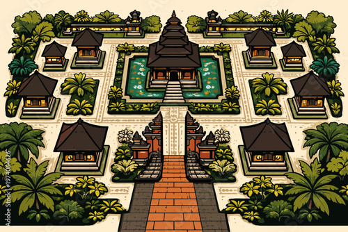 Balinese temple aerial view, multiple shrines, courtyard layout, decorative patterns, flat illustration, top-down perspective