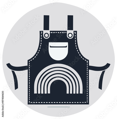 A graphic design of a dark-colored apron with a rainbow over a gray circular backdrop.