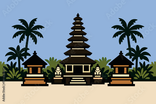 Balinese temple courtyard scene, meru tower shrine, palm trees, clear sky, flat illustration
