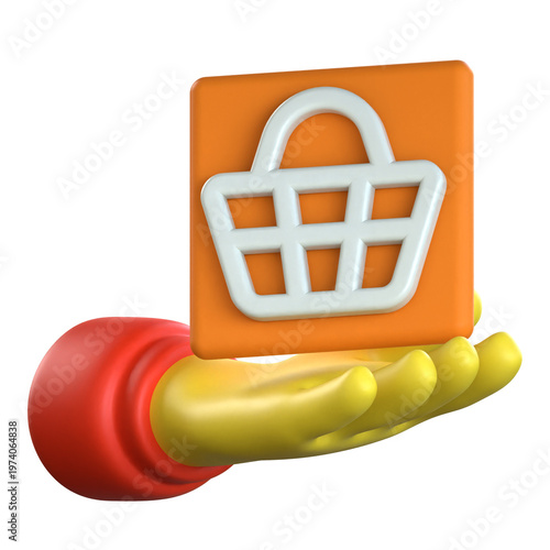 Creative 3D illustration of a stylized hand holding a shopping basket icon symbolizing consumer purchasing and retail