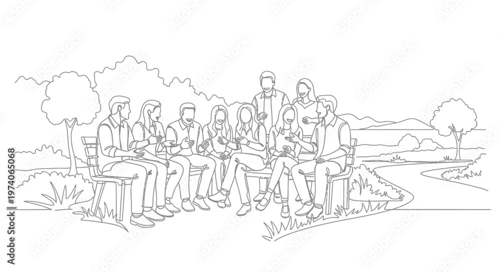 Obraz premium Line art illustration of a group of friends sitting and talking together outdoors.